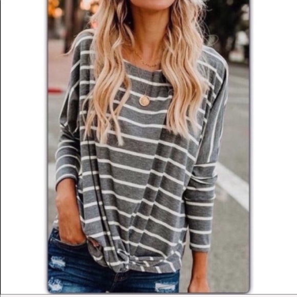 Trindy Clozet Boutique Tops - Gray and White Striped Front Knotted Blouse